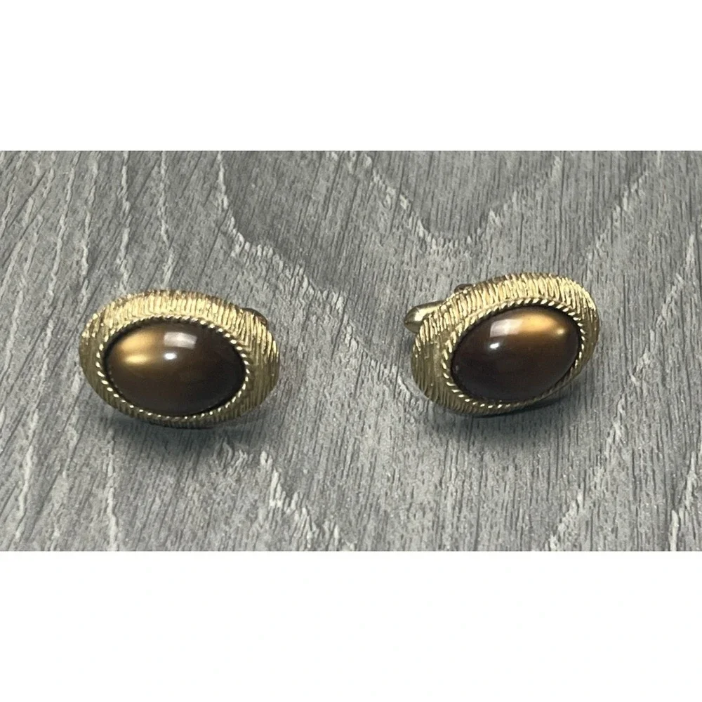 Vintage‎ Swank Gold Tone Brown Tiger's Eye Cabochon Cufflinks Men's Fashion